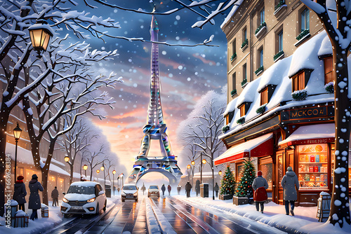 generative AI Enchanted Parisian Winter  Eiffel Tower s Snowy Twilight 