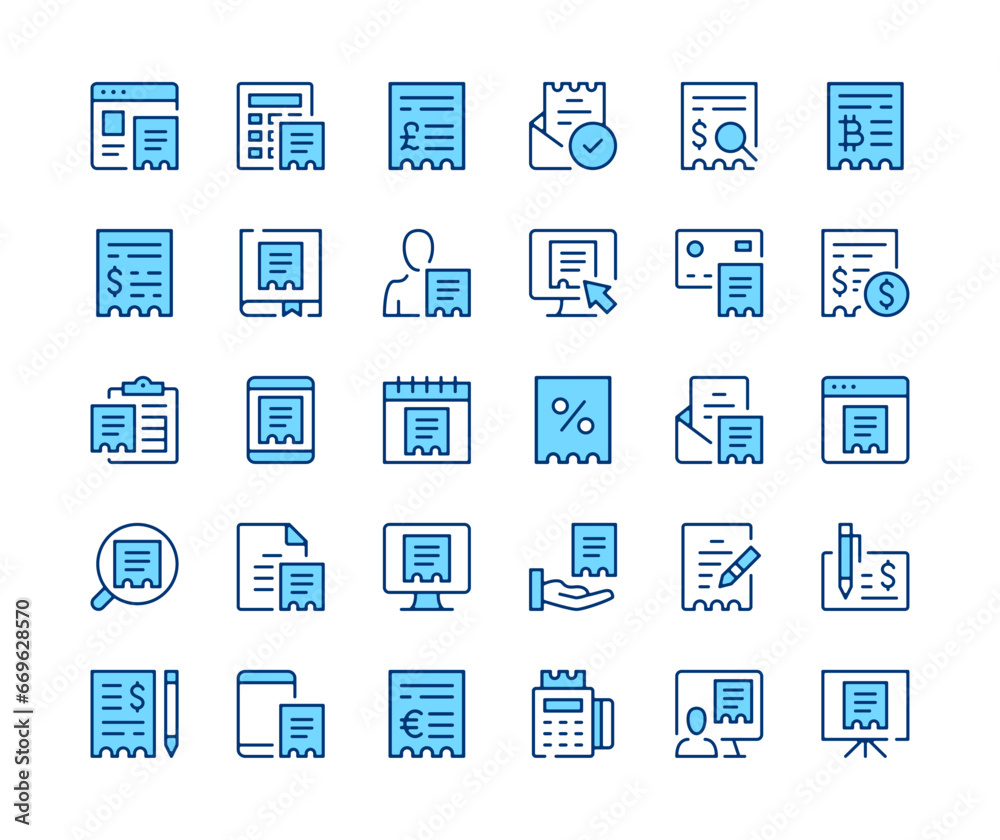 Receipt icons set. Vector line icons. Blue color outline stroke symbols. Modern concepts