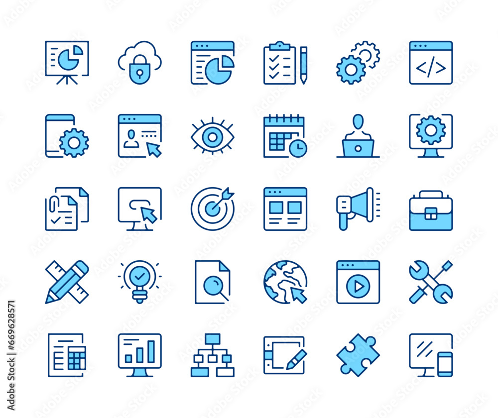 Web development icons set. Vector line icons. Blue color outline stroke symbols. Modern concepts Web development icons set. Vector line icons. Blue color outline stroke symbols. Modern concepts