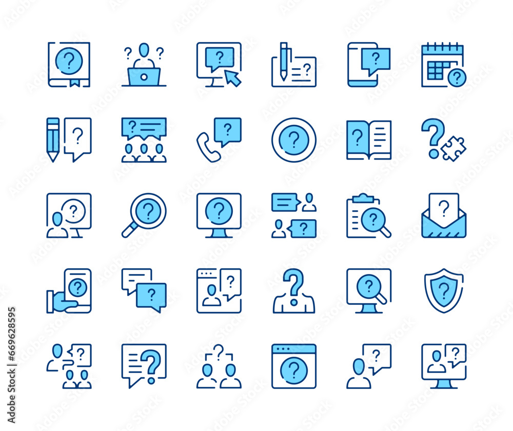 Question icons. Vector line icons set. Help, problem solving, solution, customer support concepts. Black outline stroke symbols