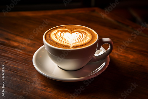 a heart-shaped coffee art foam, floating atop a mug of freshly brewed coffee