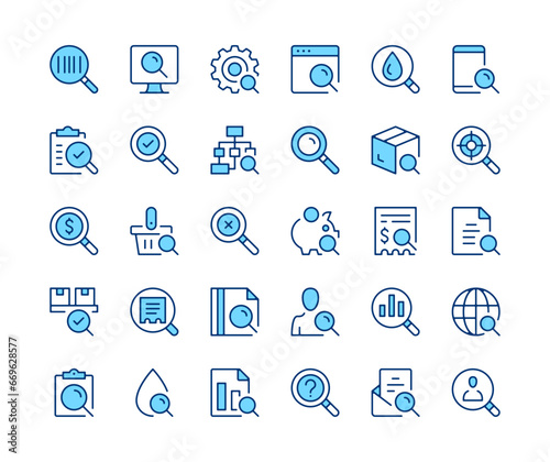 Search icons set. Vector line icons. Blue color outline stroke symbols. Modern concepts