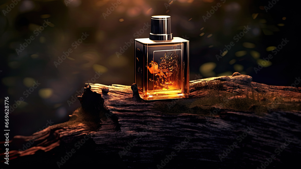Woody fragrance. Perfume spray bottle on wooden tree bark as background. Transparent glass cologne aroma template. Woody notes of perfume. Luxury product package closeup. Minimal nature spa concept - obrazy, fototapety, plakaty 