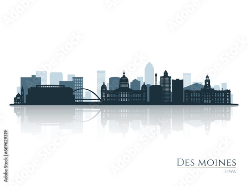 Des Moines skyline silhouette with reflection. Landscape Des Moines, Iowa. Vector illustration.