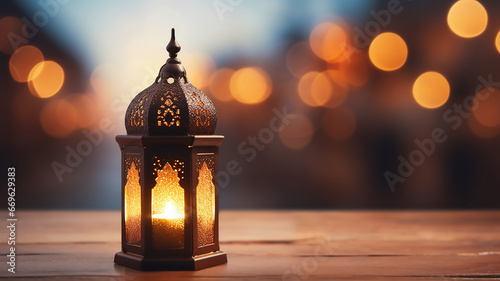Original traditional ornate oriental lantern with beautiful bokeh of holiday lights and mosque in background