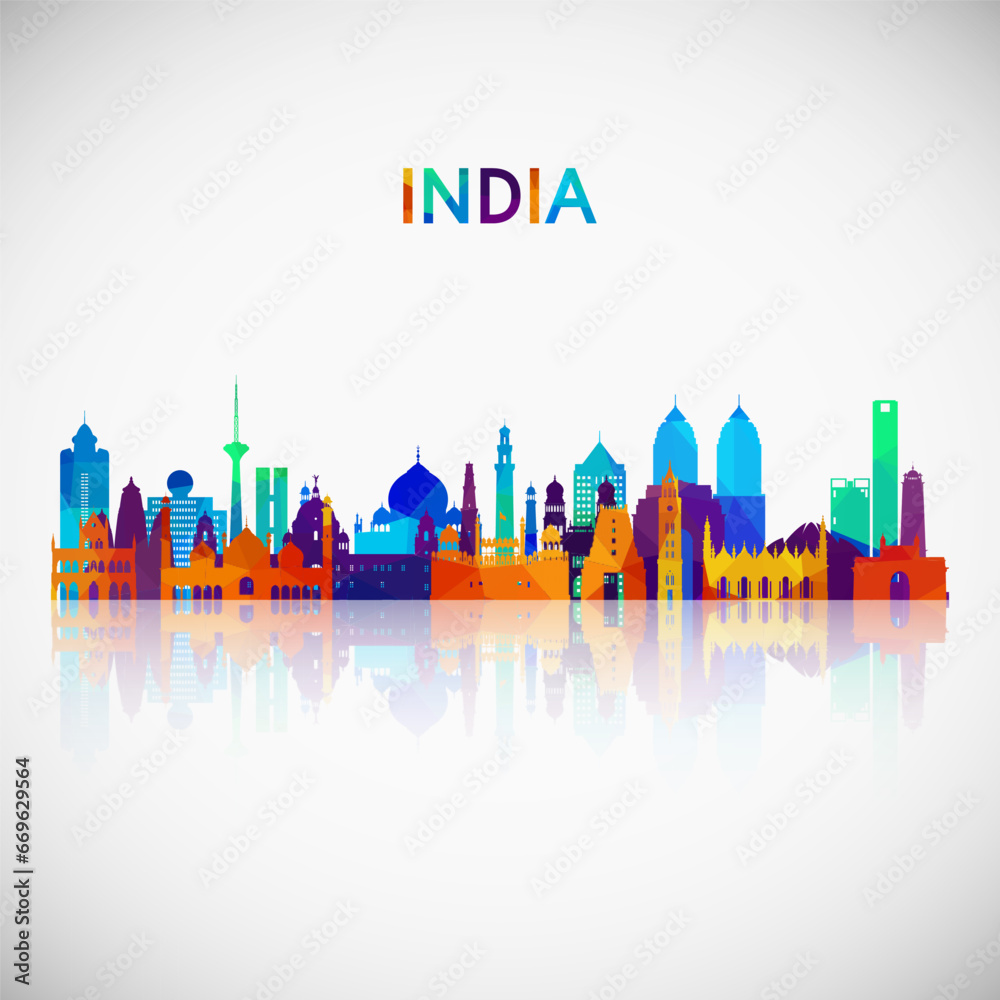 India skyline silhouette in colorful geometric style. Symbol for your design. Vector illustration.