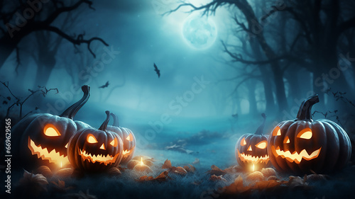 Halloween pumpkins glowing at moonlight in the spooky night