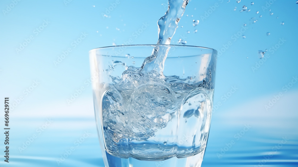 A stream of clear transparent cold water is poured into a glass beaker on blue background with beautiful lighting close-up