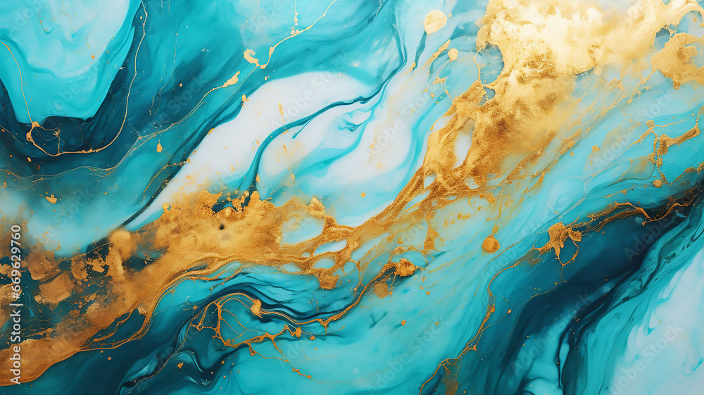 Mixing of swirls powder veins texture in turquoise and golden tones background