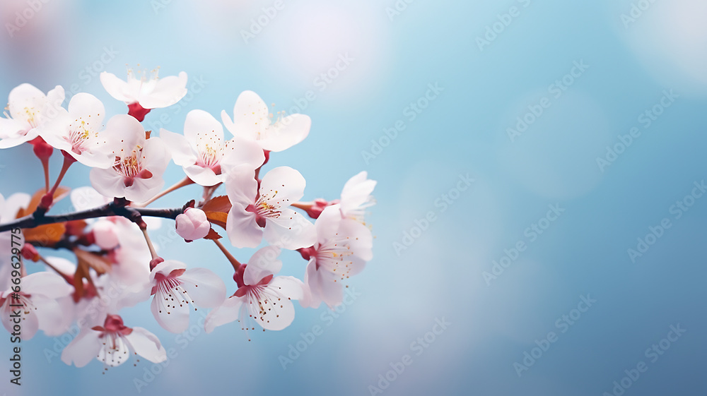 Pink flowers on cherry tree branch on blue and pearl pastel background