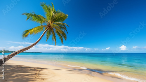 Beautiful seascape tropical beach with yellow sand and palm tree leaning towards turquoise water of ocean on bright hot sunny day © KJ Photo studio
