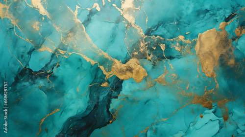 Mixing of swirls powder veins texture in turquoise and golden tones background