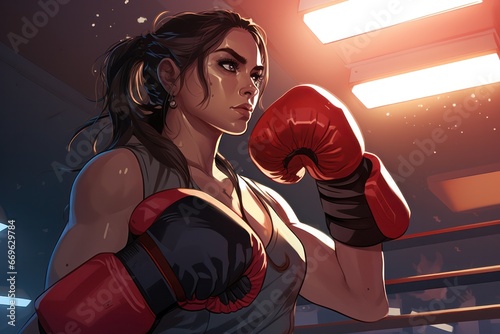 Illustration. Portrait of female boxer wearing red gloves. Fitness young woman with muscular body preparing for boxing training at gym.