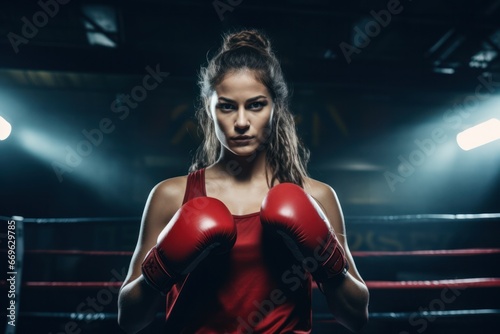 Portrait of female boxer wearing red gloves. Fitness young woman with muscular body preparing for boxing training at gym. © aboutmomentsimages
