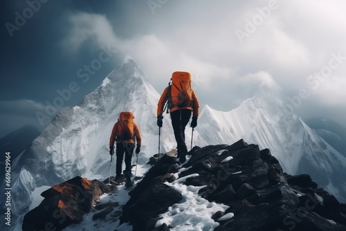 Two climbers men climb to the top of a snowy mountain peak