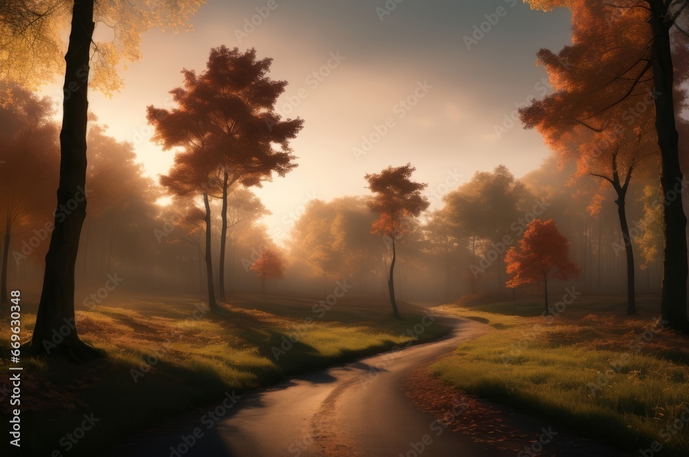 Drawing in pastel colors a natural landscape of the autumn forest in a fog scene with trees in imaginary colors like a dream. AI Generated