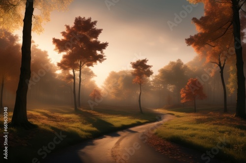 Drawing in pastel colors a natural landscape of the autumn forest in a fog scene with trees in imaginary colors like a dream. AI Generated