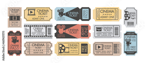 Vintage Cinema Tickets With Retro Camera And Separation Line. Pass Coupon To Movie Theater, Paper Template