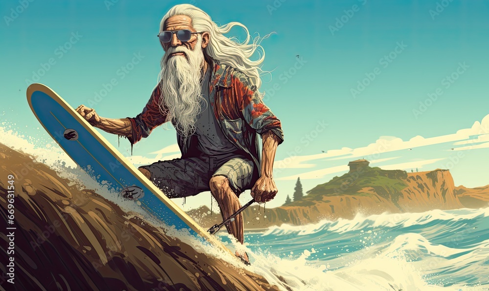 A man riding a surfboard with a long white beard