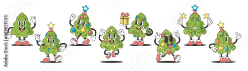 Cartoon Retro Christmas Trees In Groovy Style Struts With Tinsel Flair, Colorful Ball Decorations, And Twinkling Lights