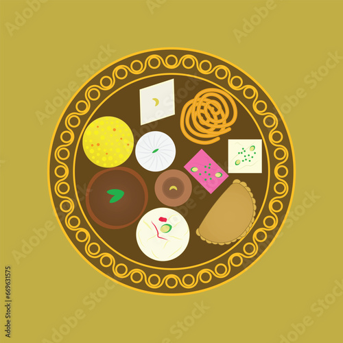 A vector of Indian Diwali Sweet in a plate. The food insight "laddu, gujiya, rasgulla, gulab jamun,barfi, soan papdi, peda, sendash and jalebi".