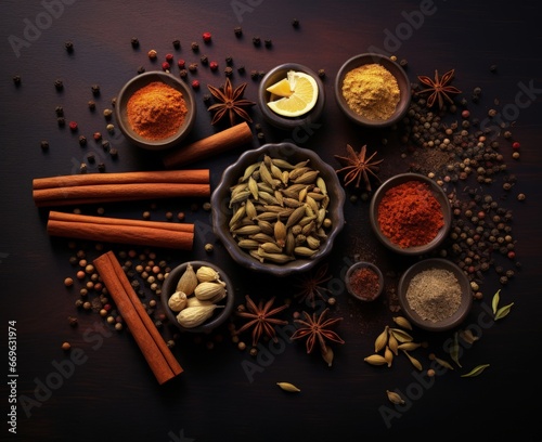 variety Indian seasonings spices background on table