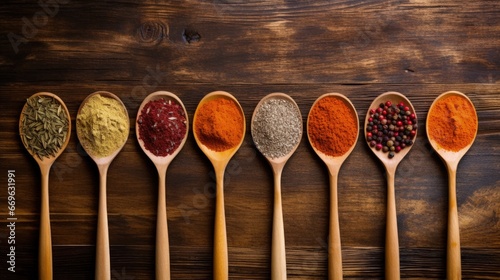 variety Indian seasonings spices background on table