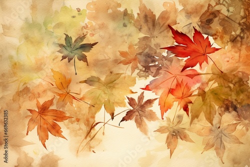 Watercolor painting of autumn leaves on a traditional Japanese paper background. Generative AI