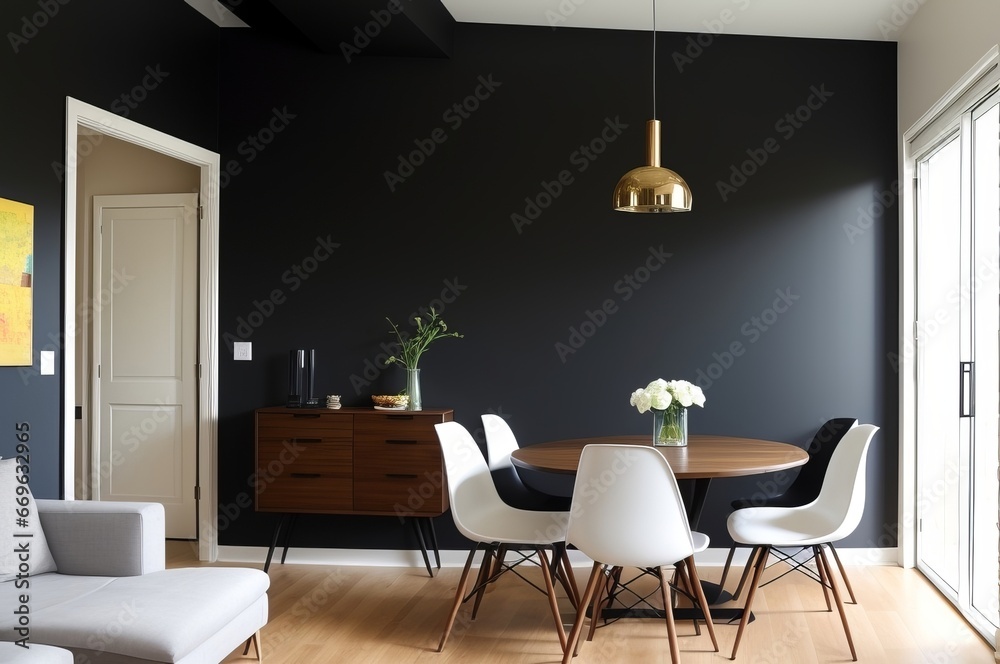 Interior design of modern apartment, living room with black stuco walls and dining room. AI Generated Interior design of modern apartment, living room with black stuco walls and dining room. AI Generated