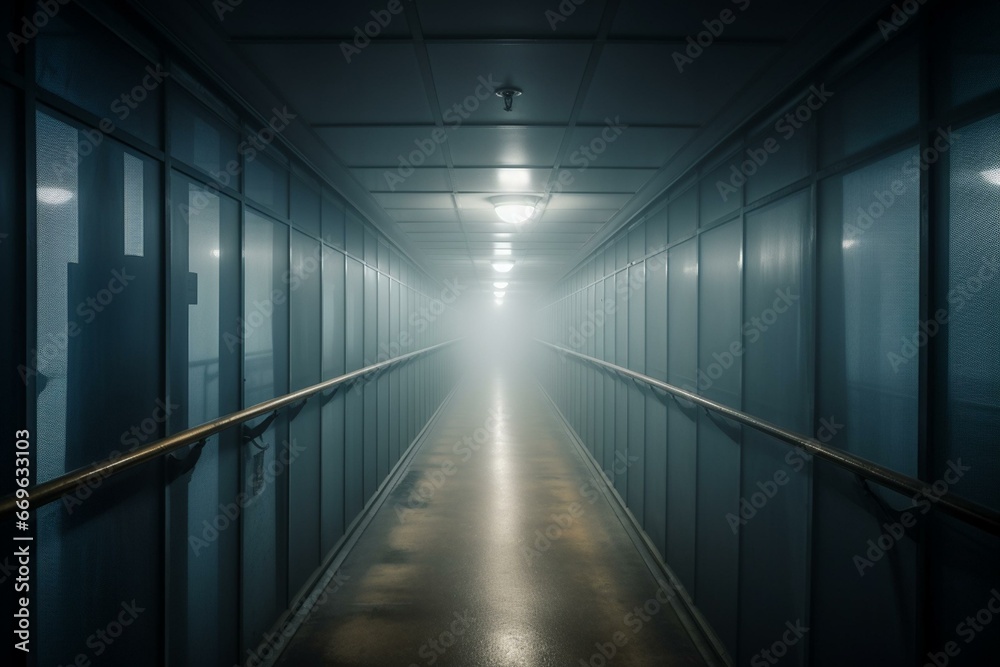 Endless corridor covered in fog. Generative AI