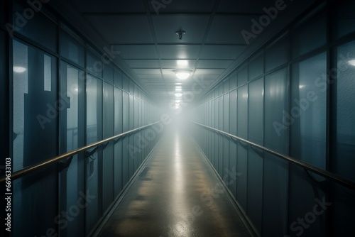 Endless corridor covered in fog. Generative AI