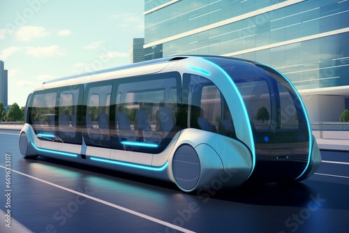 Diagram showcasing self-driving shuttle bus prototype for futuristic urban transportation systems. Generative AI © Larry