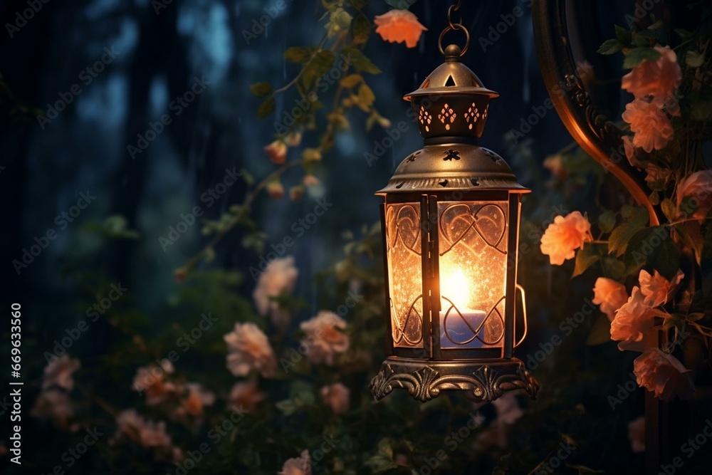 Gorgeous vibrant lamp in the misty garden during the night. Vintage lantern outdoors at night. Generative AI