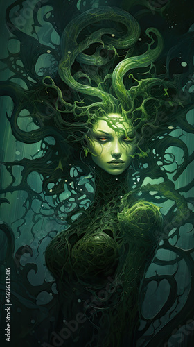 Medusa, a creature from Greek mythology and known for turning those who looked at her into stone. Medusa has snake hair.