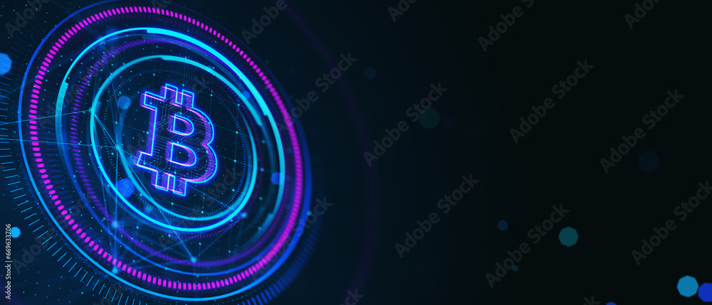 Creative glowing round polygonal bitcoin hologram on dark wide background with mock up place. Online banking and cryptocurrency concept. 3D Rendering.