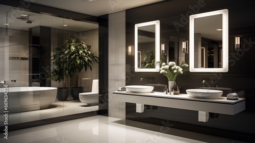 Interior of modern bathroom with mirrors and washbasins
