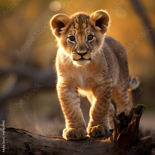 Lion cub standing on log