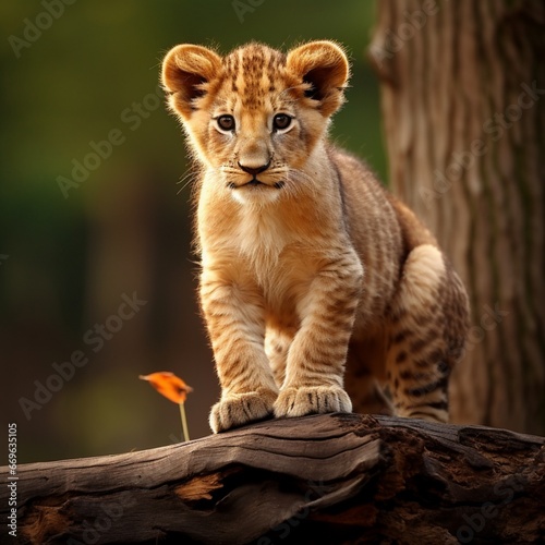 Lion cub standing on log © rao zabi