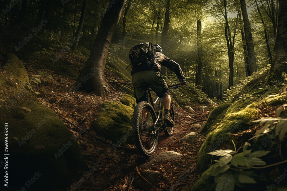 Back of man ride Mountain biking in the forest landscape, up and down hill, in summer season. Back of man ride Mountain biking in the forest landscape, up and down hill, in summer season.