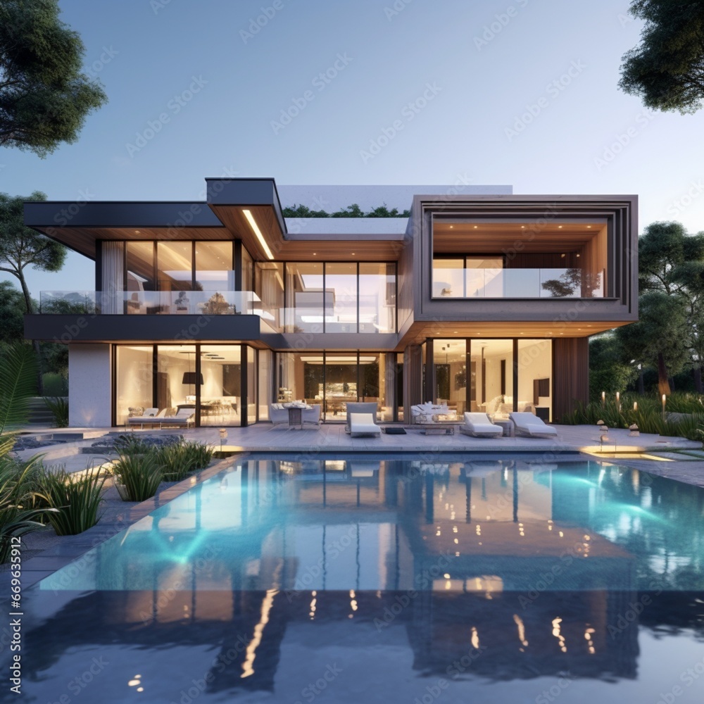 Modern luxury home showcase exterior with swimming pool