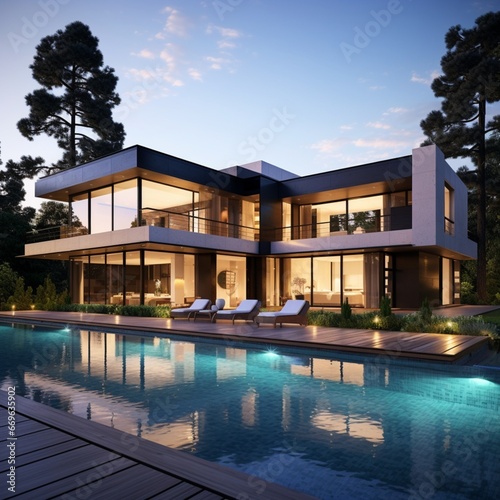 Modern luxury home showcase exterior with swimming pool