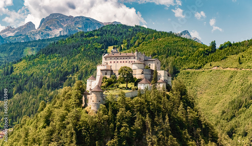 High resolution stitched alpine summer panorama with fortress Hohenwerfen at Werfen, Pongau, Salzburg, Austria