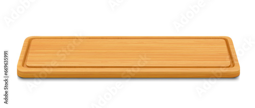 New rectangular wooden cutting board, side view, isolated on white background. Trays or plate of rectangular shapes, natural, eco-friendly kitchen utensils, realistic 3d vector illustration.
