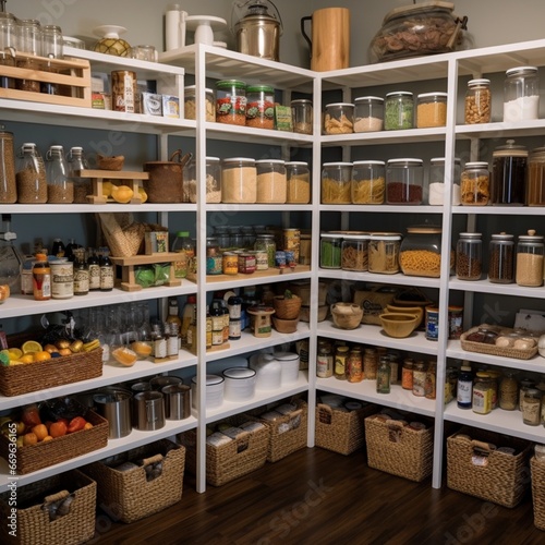 Organized food pantry closet in cozy cottage style home