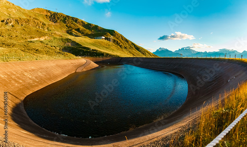 High resolution stitched alpine summer panorama with reflections in a lake at Mount Hochjoch, Schruns, Bludenz, Montafon, Sylvretta, Austria