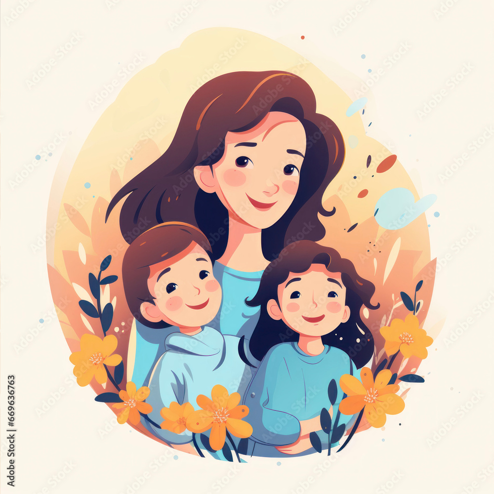 Mom with son and daughter, vector illustration Mom with son and daughter, vector illustration