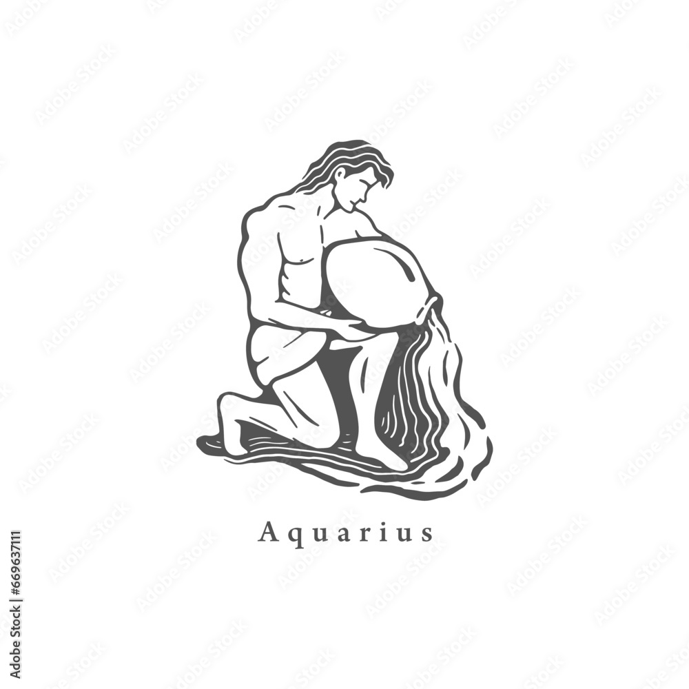 Obraz premium Aquarius zodiac symbol in engraving style. 