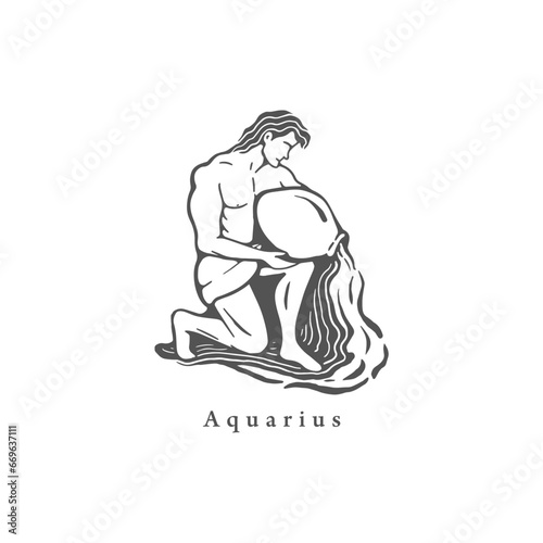 Aquarius zodiac symbol in engraving style. 