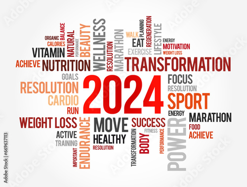 2024 health and sport goals word cloud, motivation concept background
