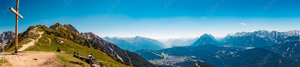 High resolution stitched alpine summer panorama at Mount Seefelder Joch, Rosshuette,  Seefeld, Tyrol, Austria
